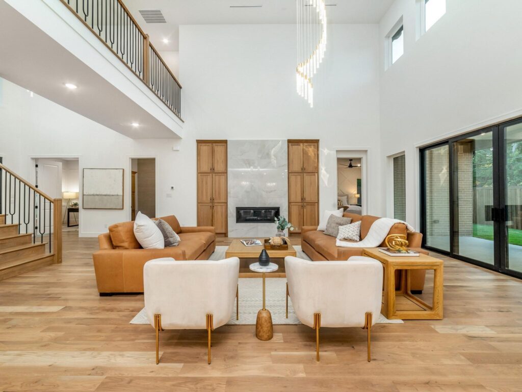 Modern living room with white walls and stylish furniture.